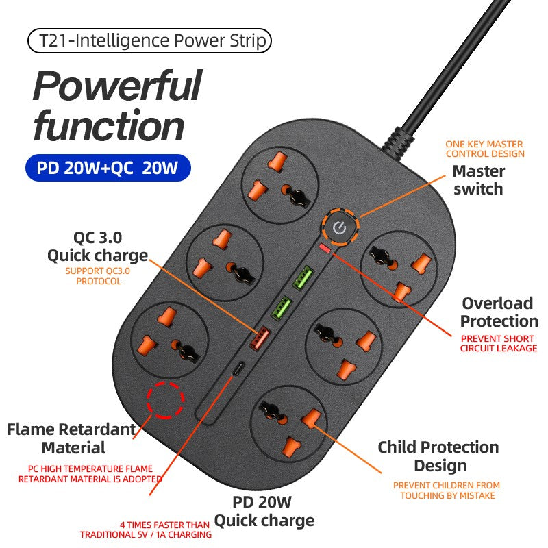 شريط الطاقة MT TB-21 6*Universal + PD 20W + QC 3.0